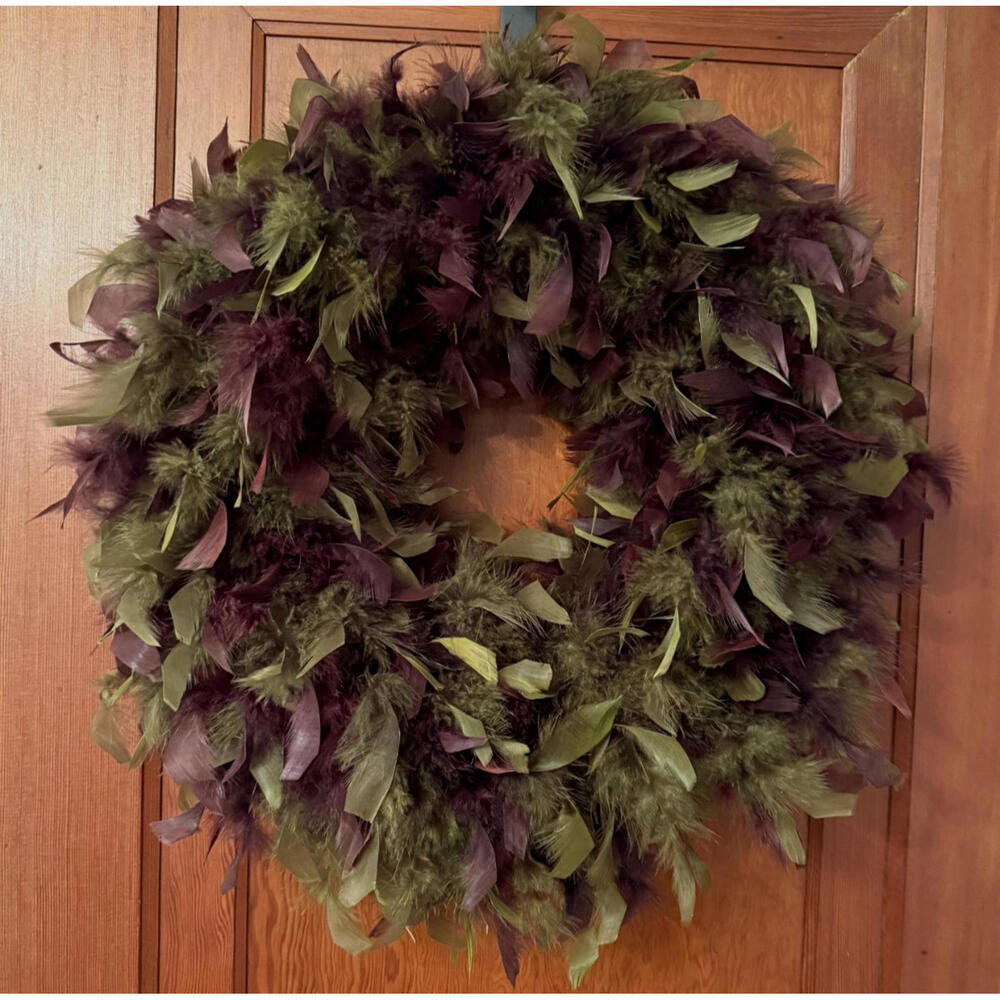 Elegant Feather Wreath from Wayfair, Luxurious Green and Burgundy, 21"